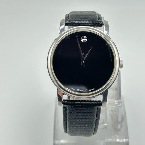 Movado Black Leather Strap Watch Swiss Quartz 12.396.106 #535